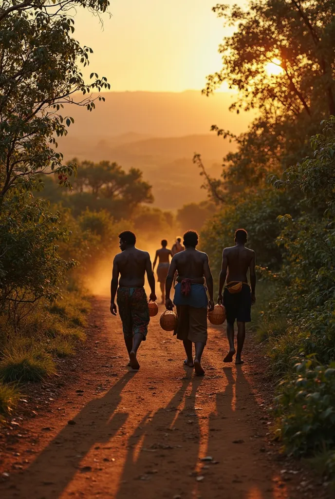 The dry dirt trail stretches ahead, surrounded by trees and bushes. The still dark sky begins to take on orange tones on the horizon. Bare feet sink into the fine dust. Other men and women follow in silence, carrying empty baskets. In the distance, the cof...