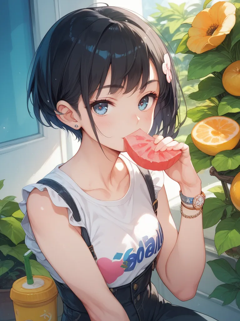 Black Haired Girl Boyish Shortcut Melon Soda