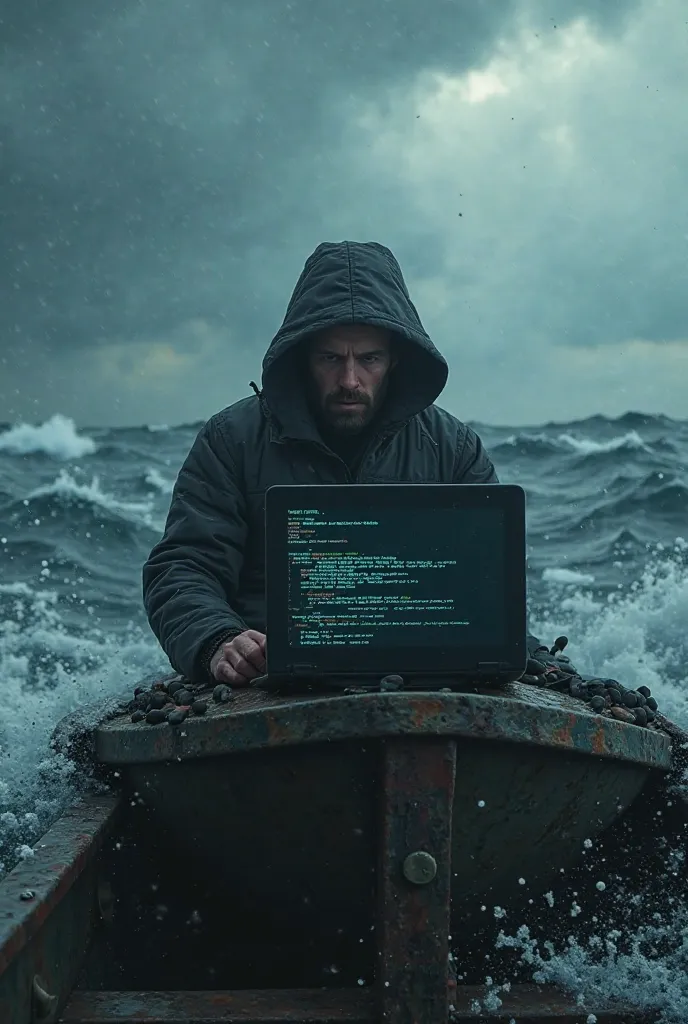 Create a picture of the frightening North Sea and make a boat in which there is a hacker with a ready -made laptop and make electronic piracy and make the north sea to appear from behind the boat