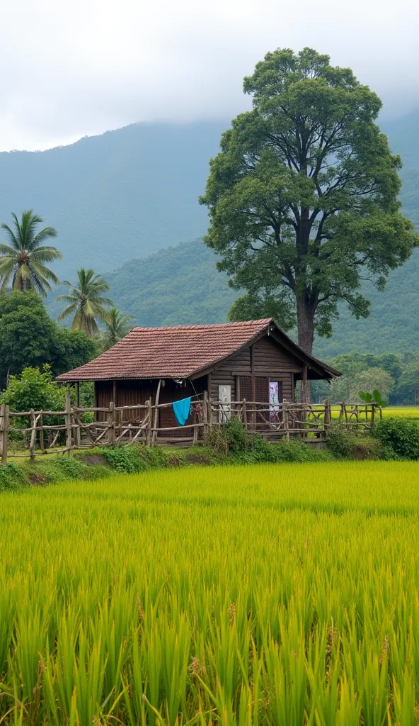 Photo of rural Jawabarat indonesia,be erapa homestay typical of the village,,roof tile ,there is a bamboo fence in front of the house, there is a walkway ,there's a clothesline,, there is a coconut tree ,misty mountain background,, big tree,((yellow green ...