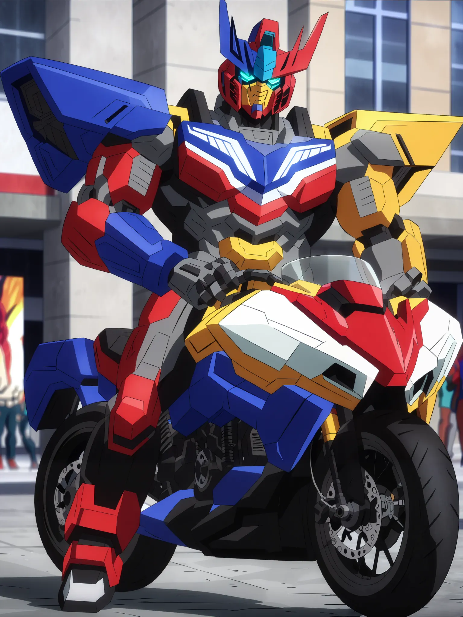 (masterpiece, best quality, anime, anime coloring:1.3, superhigh res, superdetailed). (((MHA Transformers themed pro hero OC, muscular, wearing humanoid motorcycle-like hero suit, male, 25-years-old adult, his quirk allows him to transform into a sport bik...