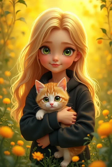 Beautiful , green-eyed,  blonde hair, a cute kitten in her arms, incision yellow color, the girl has a black sweatshirt on top