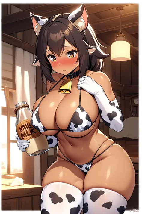 shiroko_bluearchive,beast ears,looking at viewer,1girl, standing, holding tray, milk bottle, cowprint bikini, thighhighs, elbow gloves, thick thighs, large breasts, embarrassed, blush,cowbell,tan, 
