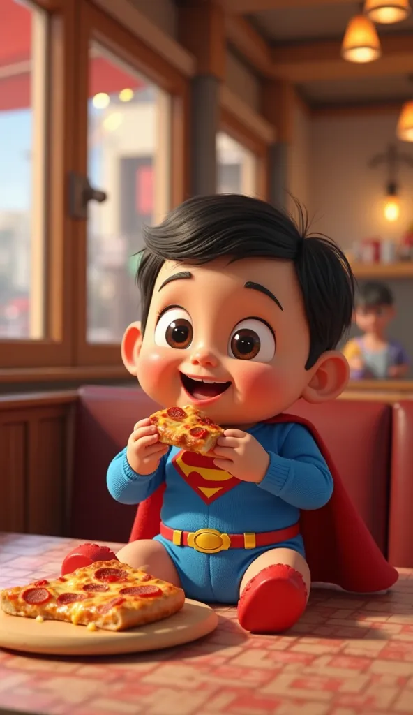 A 3D Pixar-style animation of a superbaby sitting at a restaurant table, happily eating a slice of pizza. The superbaby is a  boy with chubby round cheeks, a bright, innocent smile hiding a spark of mischief, and a small yet sturdy body with a confident st...