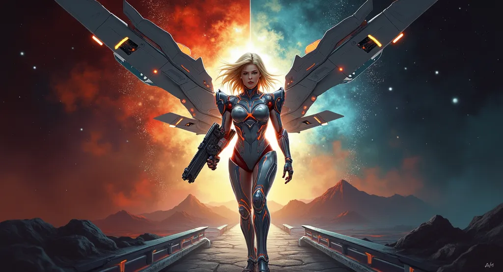 arafed image of a woman in a futuristic suit holding a gun, alexandre ferra mecha, ferra white mecha, painterly humanoid mecha, mechanized valkyrie girl, female mecha, portrait of rung, inspired by Ryan Barger, alexandre ferra white mecha, mecha inspired, ...