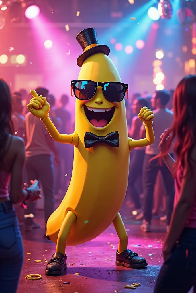 Create a happy banana, celebrating, at the club