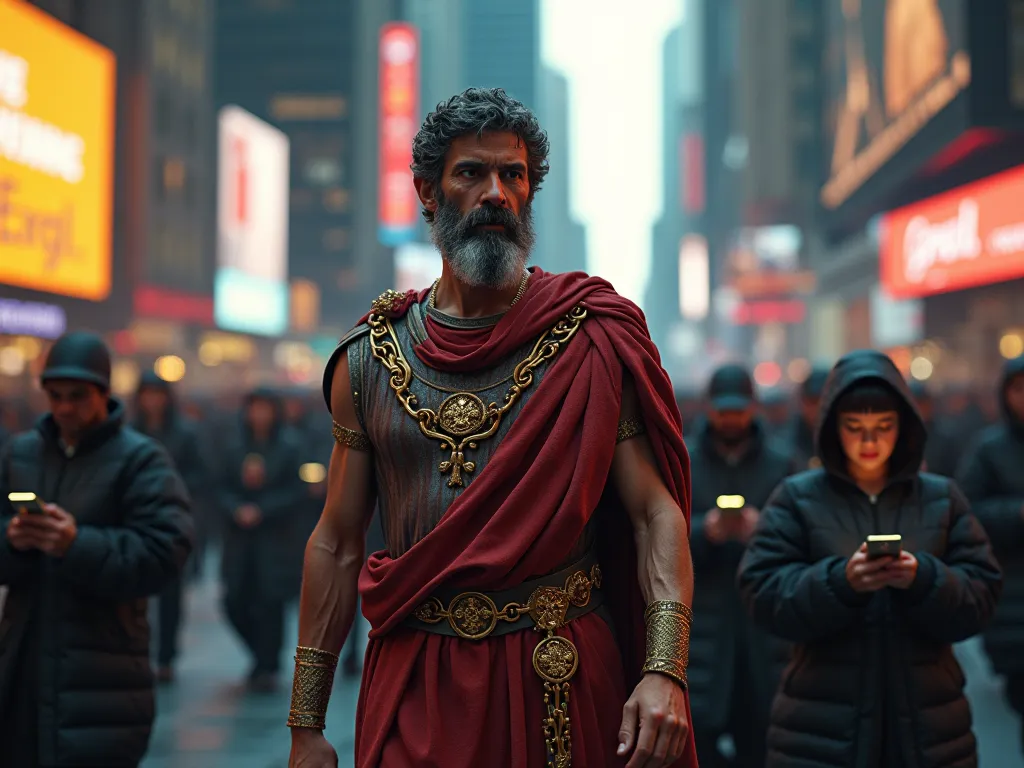 Emperor Marcus Aurelius , stoic, walking through the streets of New York among people shuffled with a telephone in their hand, dressed in a costume from his time