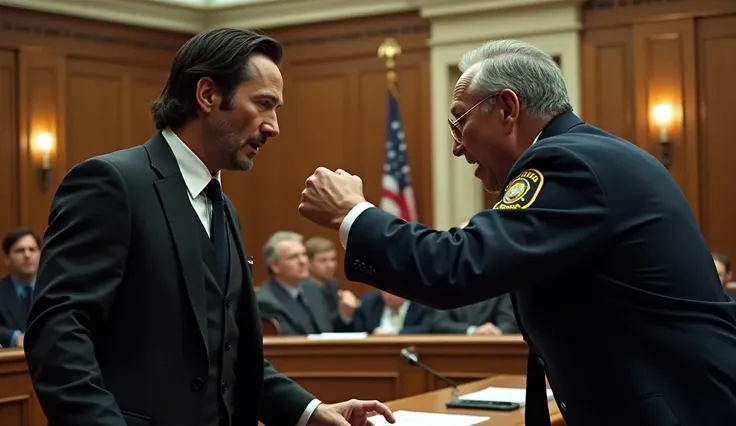 "Inside a grand and tense courtroom, Keanu Reeves, dressed in a dark suit, stands near the defendant's table, his expression calm but serious. Suddenly, an older police officer with gray hair, wearing a dark blue uniform and badge, steps forward in a fit o...