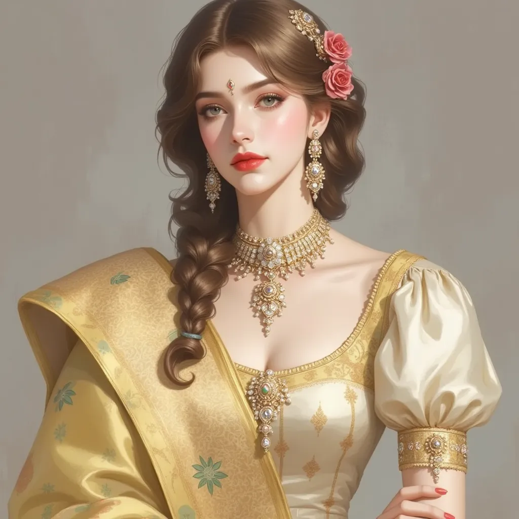 Gorgeous fair mature womens in 30s wearing silk saree, Pleated cap Puff Sleeve Blouses, look ultra realistic human wearing bangle, wearing bindi, large chandelier earrings and necklace, long Hair Braid on right side flower in hair, curvy, busty, hourglass ...