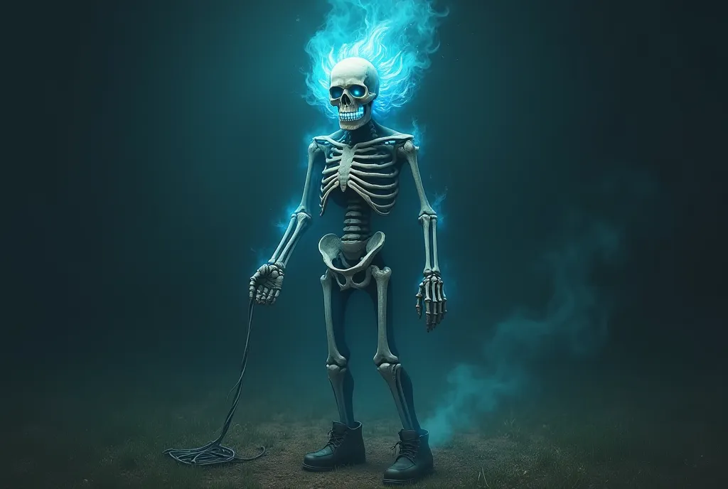 a man, farmer, At, shoes. His hair is burning,  mouth , eyes open. his skeleton and skull just glows bright blue. He holds a cord. Funny