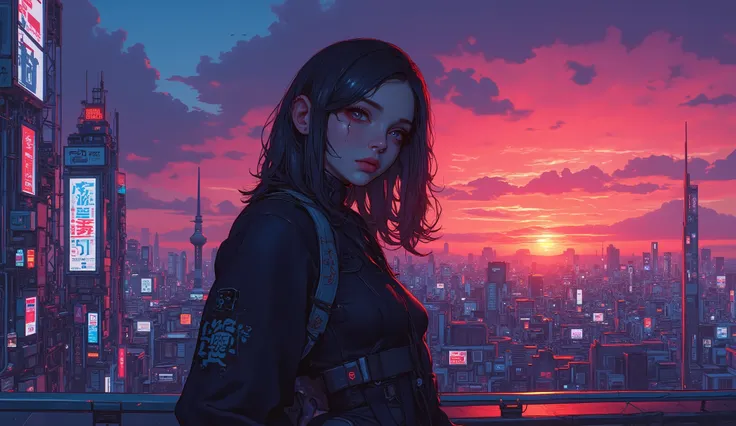 Highest quality　Ultra delicate　Japanese anime anime　 one pretty girl　　Strong shadows 　contrast after screen action 　cyberpunk　Punk Melancholy　sunset　Twilight　Purple