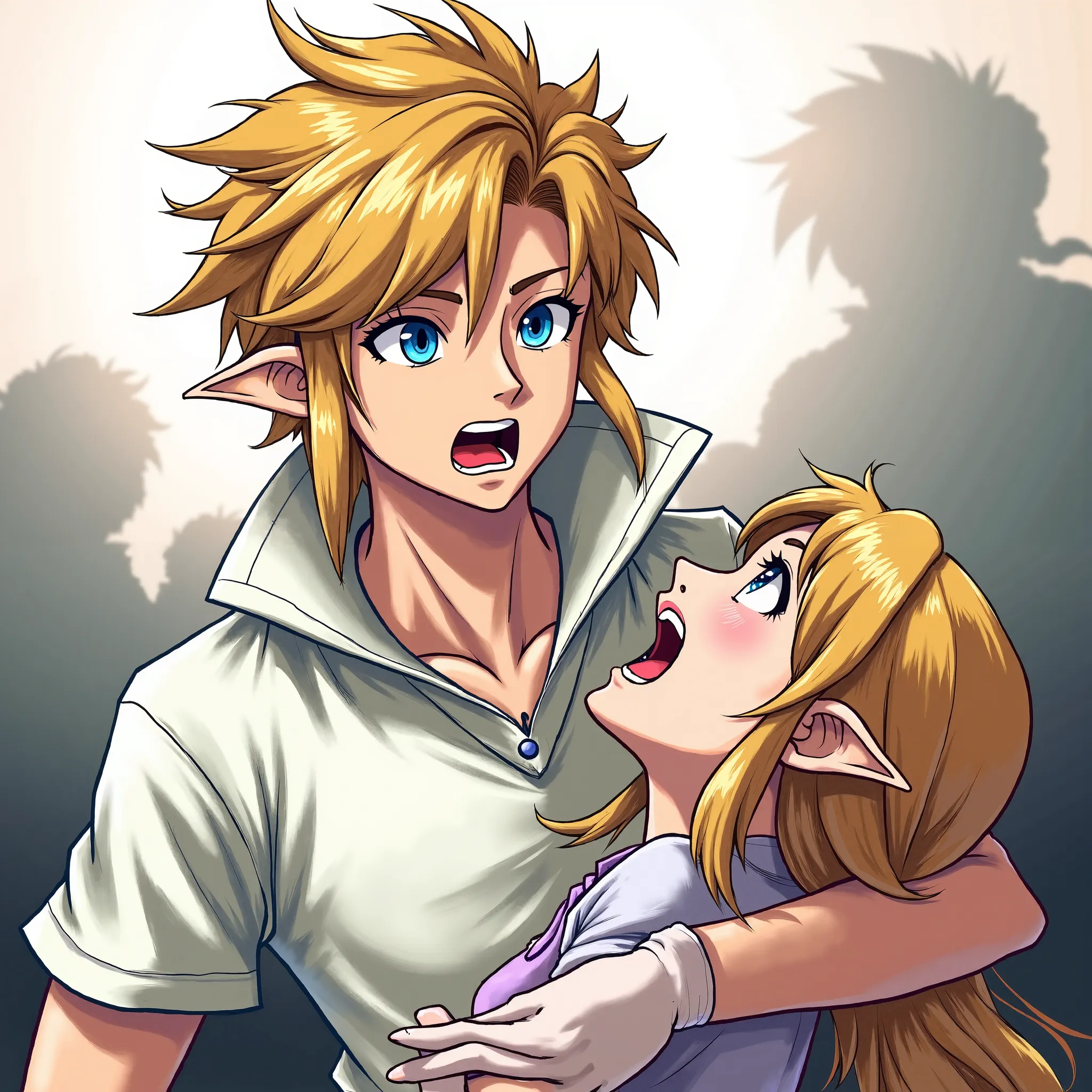 Anime Legend of Zelda King Link wearing a Massive popped collar polo with a collar so high it's taller than his head he's holding Princess Zelda's neck and crushing it choking her to death