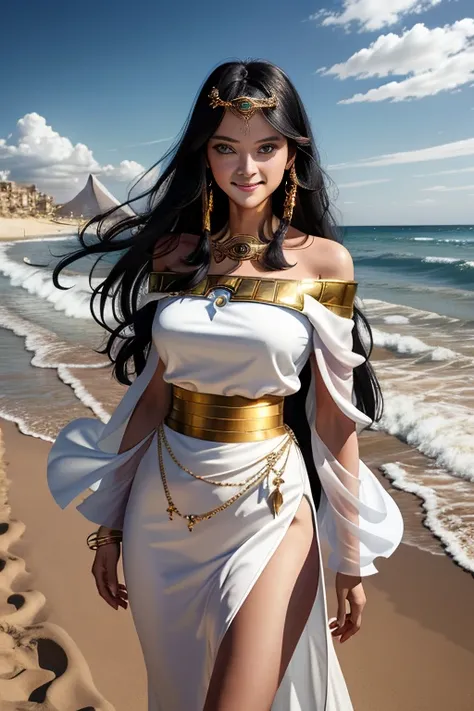 Masterpiece, Superb Girl, 1girl, slim body, long black hair, white skin, solo, blue eyes, white skin woman, breasts, desert, jewelry, Egyptian, big breasts, gold, necklace, bare shoulders, bracelet, wide sleeves, cover, sky, eye of horus, clouds, bare shou...