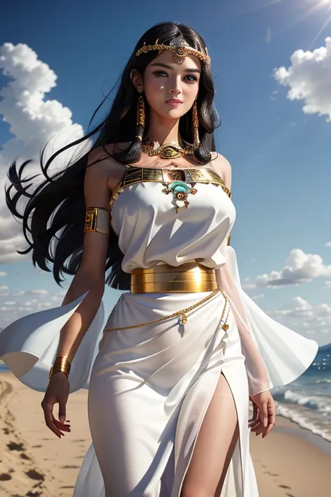 Masterpiece, Superb Girl, 1girl, slim body, long black hair, white skin, solo, blue eyes, white skin woman, breasts, desert, jewelry, Egyptian, big breasts, gold, necklace, bare shoulders, bracelet, wide sleeves, cover, sky, eye of horus, clouds, bare shou...