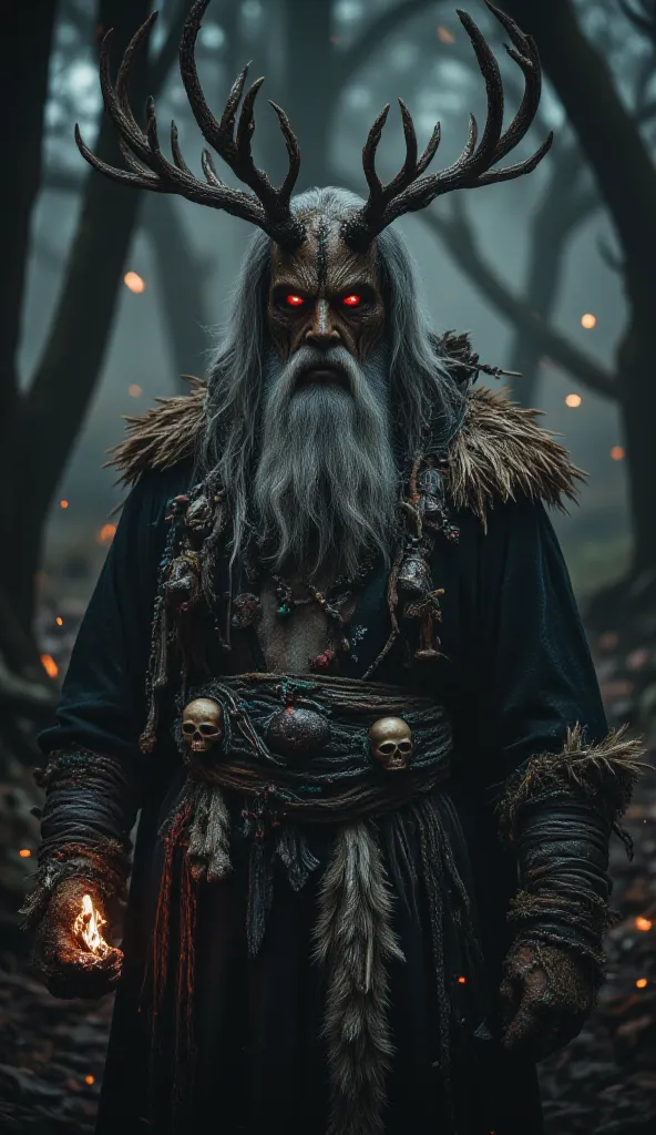 A dark and mystical ancient druid warrior standing in a foggy enchanted forest. His face is partially hidden by a wooden mask fused with his skin, adorned with large twisted antlers. His glowing red eyes radiate an eerie energy. His long, wild gray beard i...