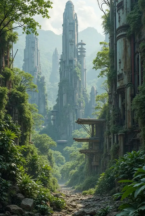 Les ruines d'une ville futuriste faire de métal et de verre. La ville est enfouie dans une forêt tropicale 