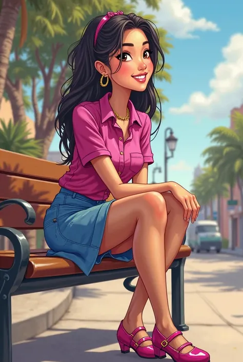 Tip: A very lovely  beautiful Asian American woman being happy alone on a bench in Downtown San Diego in the sun..The illustration is a high definition illustration with 4k resolution., with highly detailed facial features and cartoon style visuals, fuchsi...