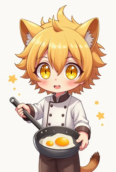 A young, golden-haired boy with lion's head ears, wearing the chef's yellow eyes in a frying pan, asked for a white background and an anime image. Thank you very much.