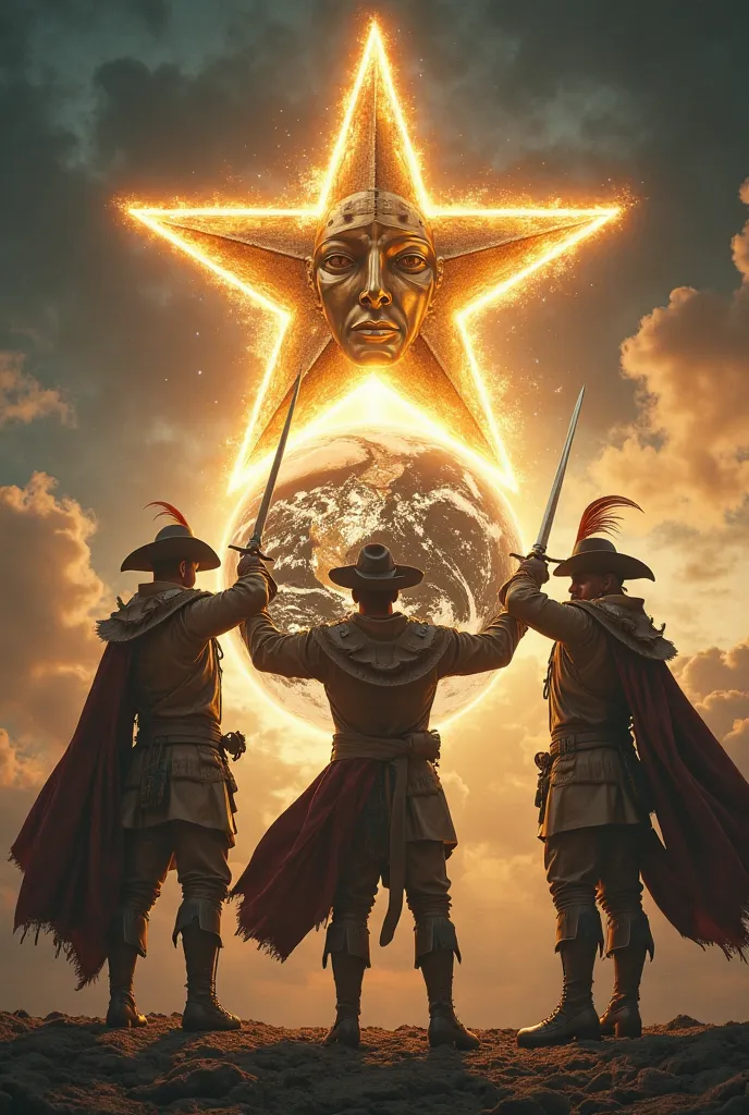 *"A hyper-realistic and cinematic image of three musketeers in an epic setting. Two of them are men wearing authentic 17th-century attire, with detailed fabric capes, feathered hats, and gleaming swords in a heroic stance. In the center, the third musketee...