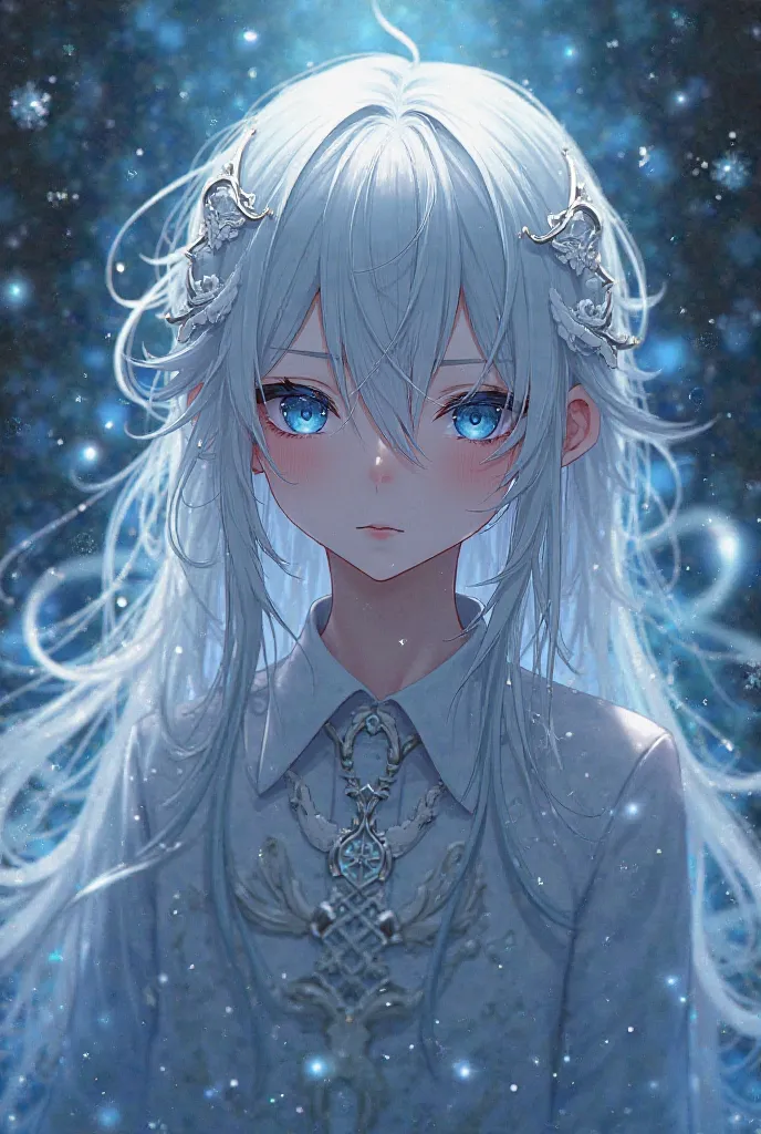 A boy anime character,  with white hair,  long hair and blue eyes .