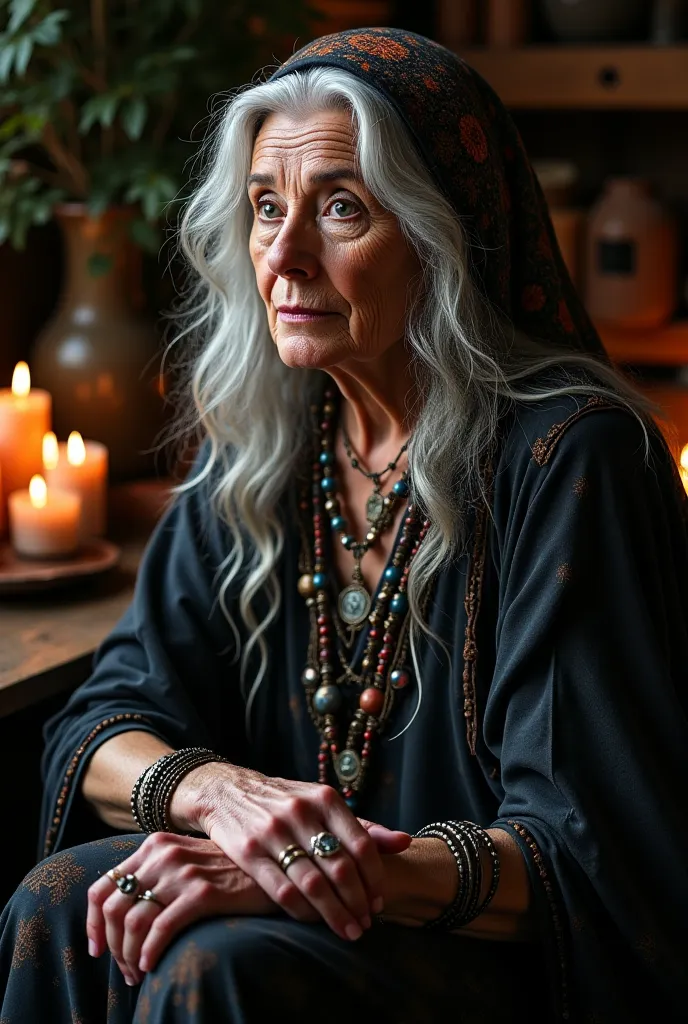 An older woman with long, wavy silver hair, partially covered by an embroidered headscarf. She wears mystical jewelry, including rings and beaded necklaces, and a flowing, dark-colored robe with intricate patterns. Her deep, knowing eyes gaze intensely, as...