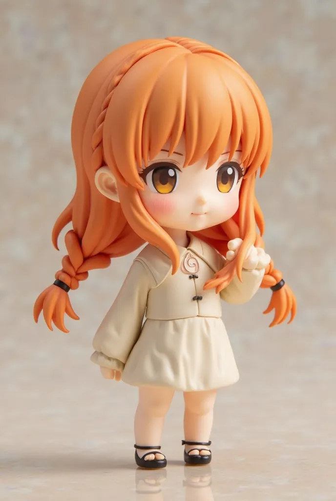 Figure Nendoroid demon Slayer,  Pale skinned girl , her hair was long, the color melon orange that was loosely tied up to the waist with two waves at the ends, her right hand was touching a piece of hair on her shoulder, with a happy expression