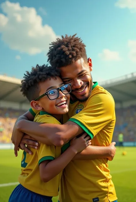 Neymar hugging a boy with glasses dreaming of playing soccer 