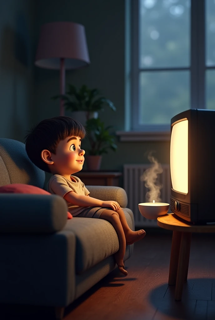 A boy sitting on a couch watching TV, with a bowl of warm milk on the table beside him.
