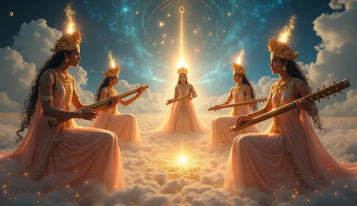 *Gandharvas Playing Music* – Celestial musicians playing veenas, mridangams, and flutes, filling the air with a hypnotic melody.