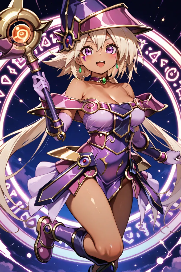 apprentice illusion magician,1girl,solo,purple knee boots,dark-skinned female,staff,cleavage,purple wizard hat,open mouth,purple choker,smile,purple theme,medium breasts,magic circle,looking at viewer,pelvic curtain,green earrings,facial mark,purple elbow ...