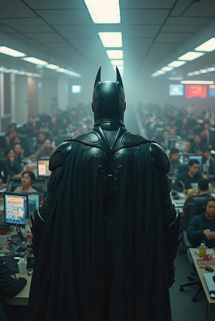 Realistic image of Batman inside a call center full of people receiving calls.