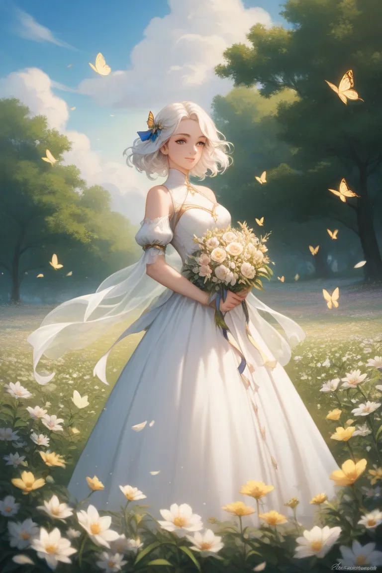 white haired girl with butterflies on eyes