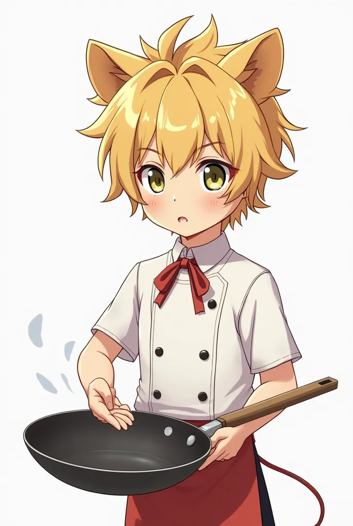 A age boy with golden blond hair, with lion's head ears, wearing a chef's hand in a frying pan, asked for a white background and an anime image. Thank you very much.