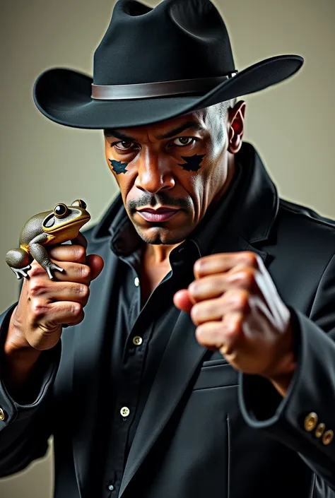 arafed man with a black hat and a black jacket, a colorized photo by Michaelangelo, trending on pixabay, hyperrealism, mike tyson, mike tyson with a toad, in a fighting stance, ernest khalimov body, markings on his face, he is 3 , in a fighting pose, great...