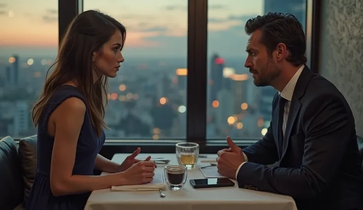 "A cinematic 8K ultra-resolution scene set in an upscale restaurant with elegant decor and soft lighting. A young woman with expressive eyes and a determined yet vulnerable expression stands in front of a sharply dressed businessman seated at an exclusive ...