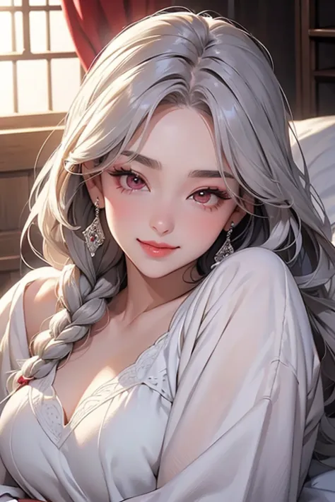 (Highest quality, masterpiece:1.2), High Resolution, 最高masterpiece、very detailed, realistic:1.37,   fantasy,  illustration,gray hair、 red eyes、  queen, white dress、beautiful、 Eye Shadow Red   、  thick eyebrows、long lashes、The students are black.々、Lips are ...