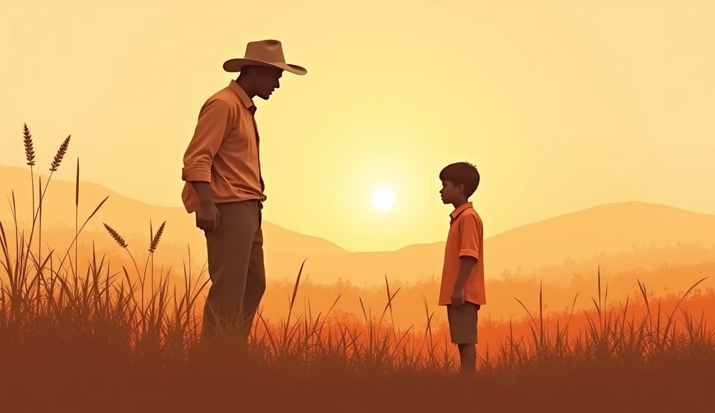 A farmer lived in a village with his son.  
- He remained calm and positive in every situation.  
- His philosophy in life was: "Whatever happens, happens for the best. Just have faith in God."  The colors are warm and muted, with orange and beige tones do...