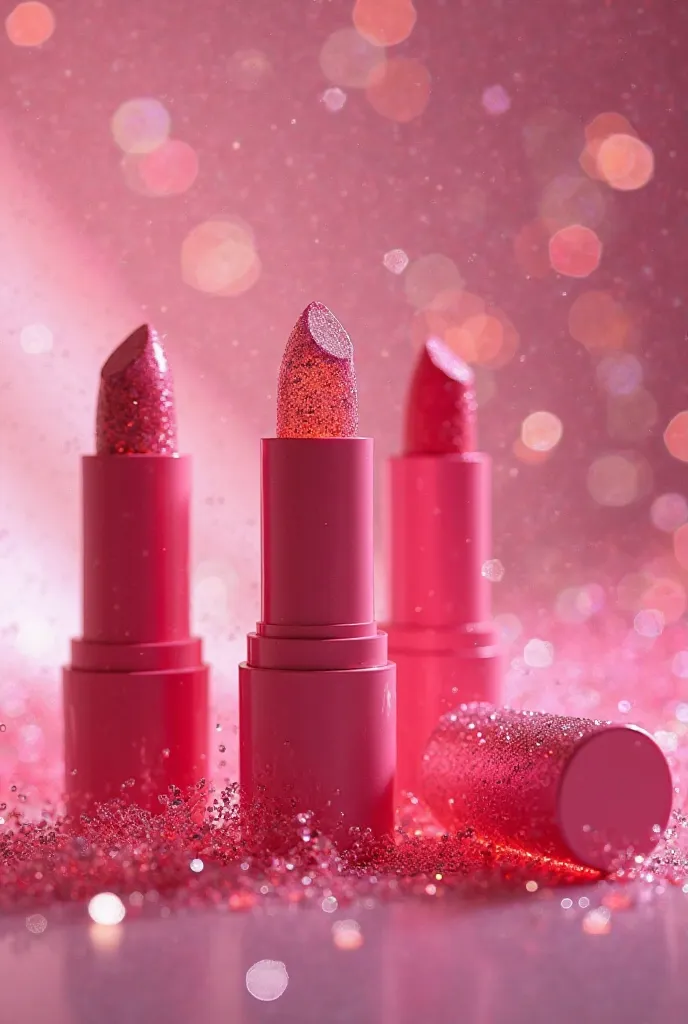 The image of the mole-pink lipstick sticks stands out with a sparkling aura.