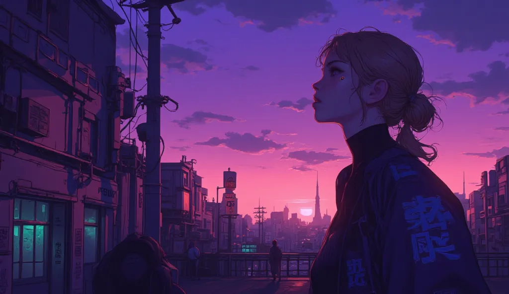 Highest quality　Ultra delicate　Japanese anime anime　 one pretty girl　　Strong shadows 　contrast after screen action 　サイバーpunk　punk 　Emotional　Sadness　sunset　Twilight　Purple　I'm staring at the sunset