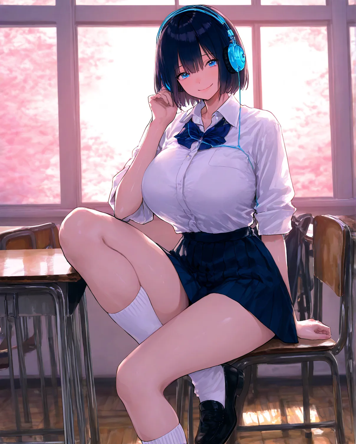     8k Wallpaper、     top quality 、 masterpiece、      748cm style     、      woman 1 person   、   18 years old、headphones   、 School run uniform   、    short skirt 、 socks、loafers、 black hair、      short hair、    blue eyes、   pretty eyes、  very big breasts...