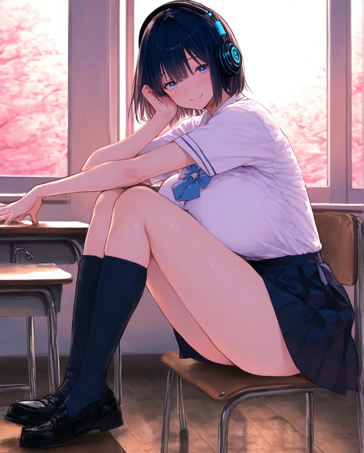     8k Wallpaper、     top quality 、 masterpiece、      748cm style     、      woman 1 person   、   18 years old、headphones   、 School run uniform   、    short skirt 、 socks、loafers、 black hair、      short hair、    blue eyes、   pretty eyes、  very big breasts...