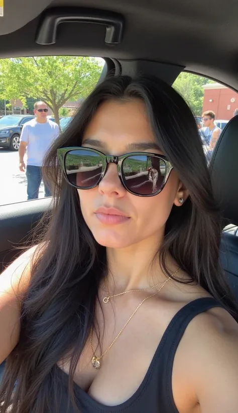 A young woman with long, dark hair is sitting in the driver’s seat of a car, taking a selfie. She wears large, dark-framed sunglasses and has fair skin. Her lips are slightly pink, and she wears a delicate gold necklace. Her hair is gently tousled, suggest...