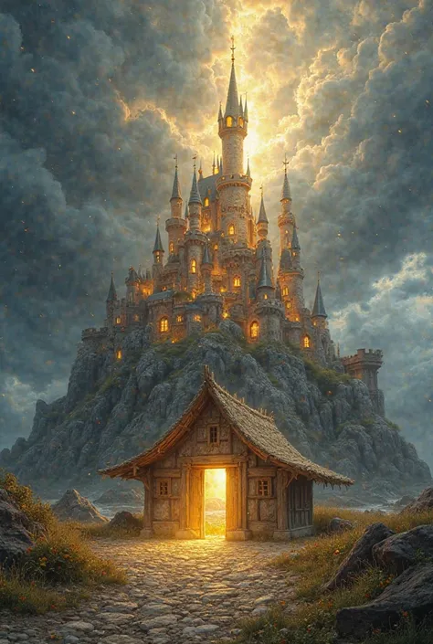 Make a castle out of precious stones and gold in the background. The sky is forming a storm. Jesus is in a humble house in front and a light comes down from heaven wherever he is. I want beautiful Jesus in the image. Jesus is big in the image. 