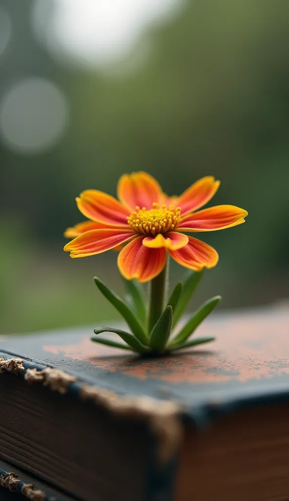 A close-up shot of an interesting and somewhat random object Sabrina NoirX just found during her walk—maybe a unique flower, an old book with a vintage cover, or a quirky street art piece on a wall. The object is framed beautifully with a soft blur in the ...