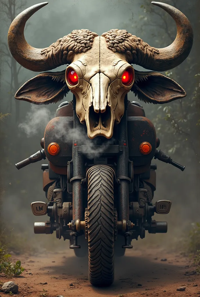 (photorealism:2), Motorcyle Club Logo, Balasik on top racker, Skull of Water Buffalo in the middle with red eyes and smoke coming  out of the nose, Philippines at the bottom racker, MC Cube below of the top racker.