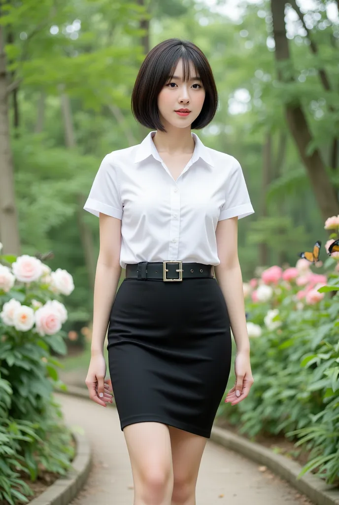 Beautiful Korean woman, short bob hair, black hair, small nostrils, small eyebrows, slender legs, makeup, small mouth, small blue eyes, V-shaped face, long eyelashes, Wearing a light, white, short-sleeved button-up school uniform shirt with White buttons, ...