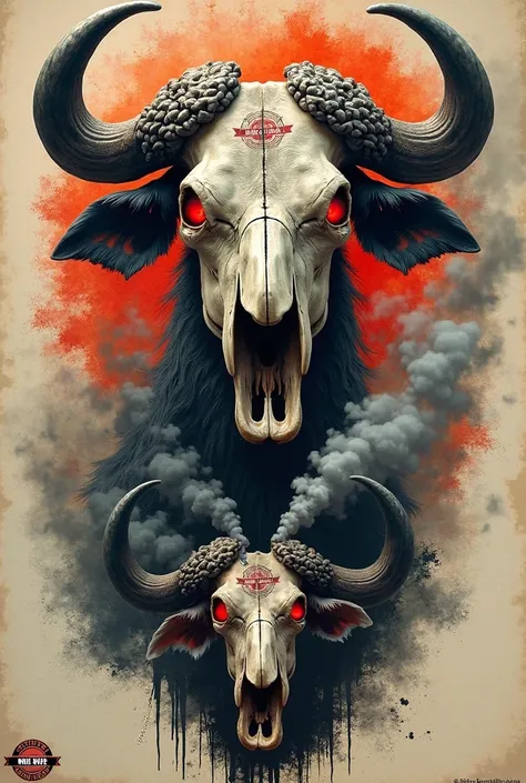 (photorealism:2), Motorcyle Club Logo, Balasik on top racker, Skull of Water Buffalo in the middle with red eyes and smoke coming  out of the nose, Philippines at the bottom racker, MC Cube below of the top racker.