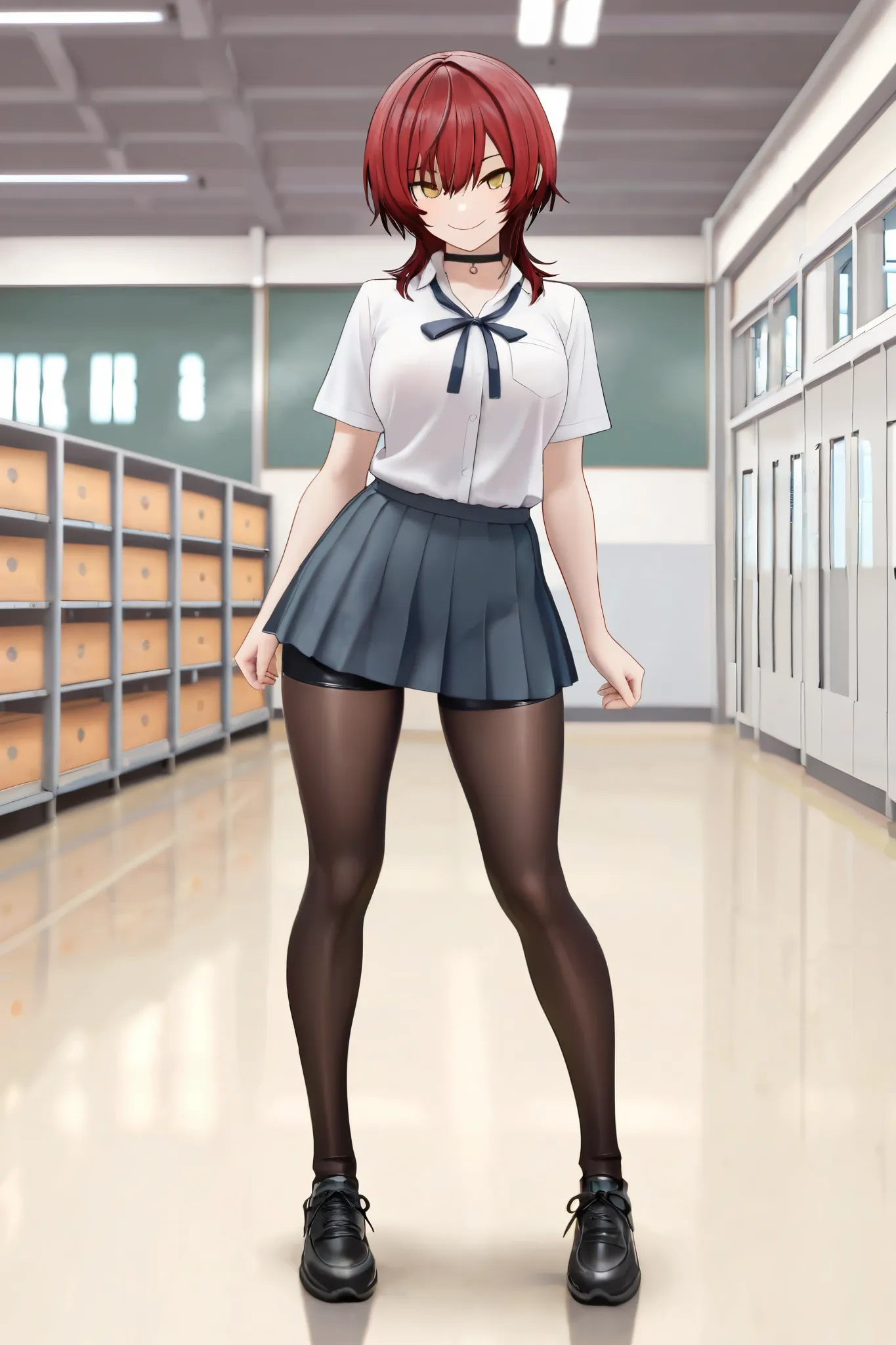 NSFW,masterpiece,Highest quality,High Resolution,very detailed, boyish girl,high school girl, red hair ,medium hair,wolf cut,clavicle,with golden eyes,choker,uniform,ribbons,miniskirt,チェックのminiskirt,leggings shorts,Indoor shoes, Smile,schools,physical educ...