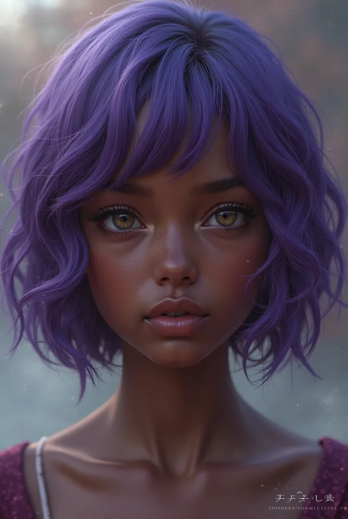 A young beautiful dark girl with short purple hair 