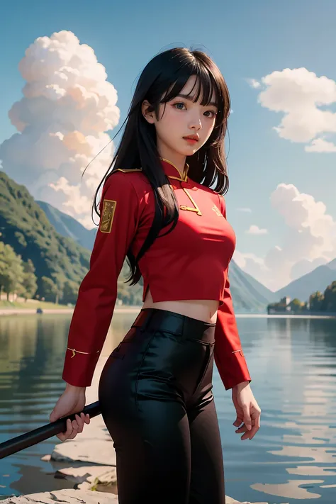 (masterpiece), best quality, expressive eyes, perfect face, 1girl, long black hairstyle, long quarterstaff, Chinese combat outfit which has a red shirt and black pants, standing on the cloud,